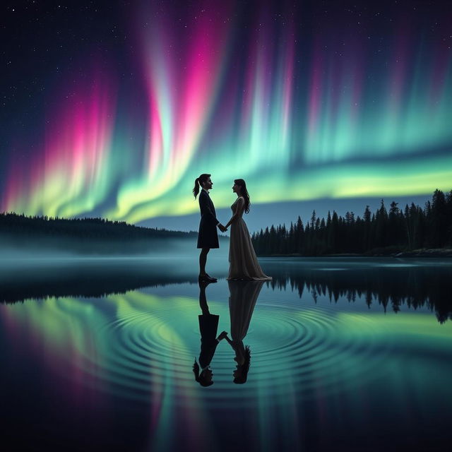 An ethereal scene representing "The Power of Love" where a couple stands hand in hand at the edge of a serene, reflective lake under a starlit sky