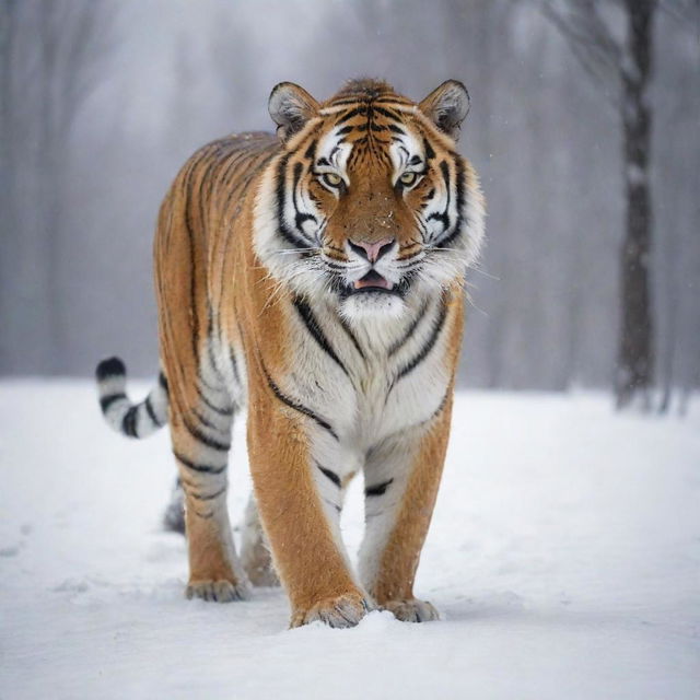 A powerful and majestic Siberian tooth tiger in a snowy landscape.