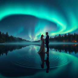 An ethereal scene representing "The Power of Love" where a couple stands hand in hand at the edge of a serene, reflective lake under a starlit sky