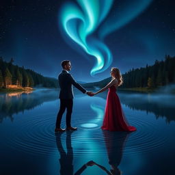 An ethereal scene representing "The Power of Love" where a couple stands hand in hand at the edge of a serene, reflective lake under a starlit sky