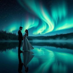 An ethereal scene representing "The Power of Love" where a couple stands hand in hand at the edge of a serene, reflective lake under a starlit sky