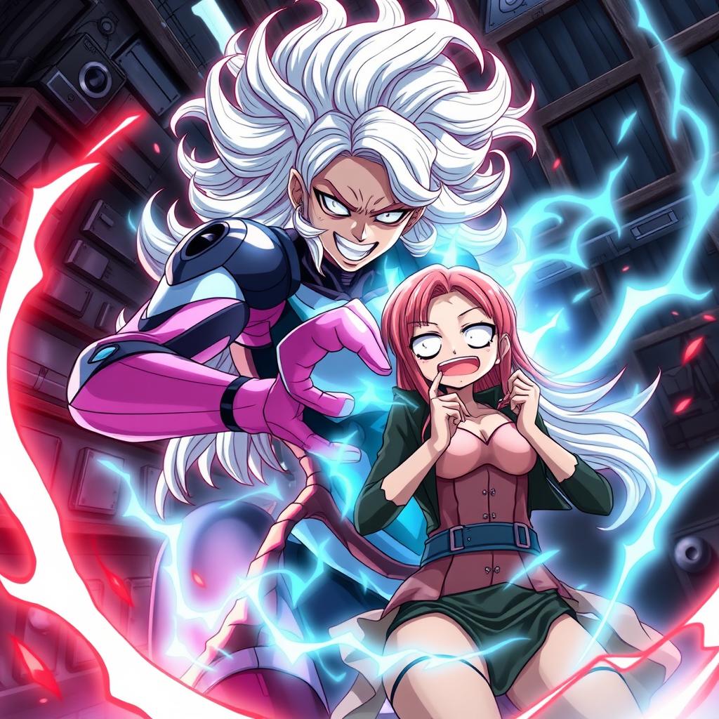 A dynamic and intense scene featuring Majin Android 21 absorbing Nami from One Piece