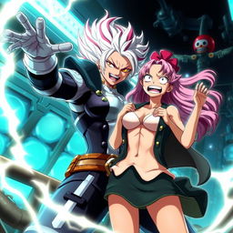 A dynamic and intense scene featuring Majin Android 21 absorbing Nami from One Piece