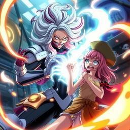 A dynamic and intense scene featuring Majin Android 21 absorbing Nami from One Piece