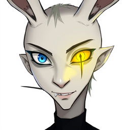 A slender male with long rabbit ears, featuring one blue eye and one yellow eye with a vertical slit pupil