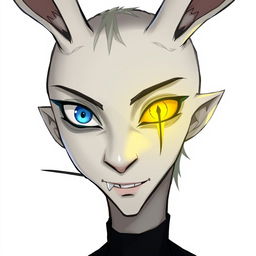 A slender male with long rabbit ears, featuring one blue eye and one yellow eye with a vertical slit pupil