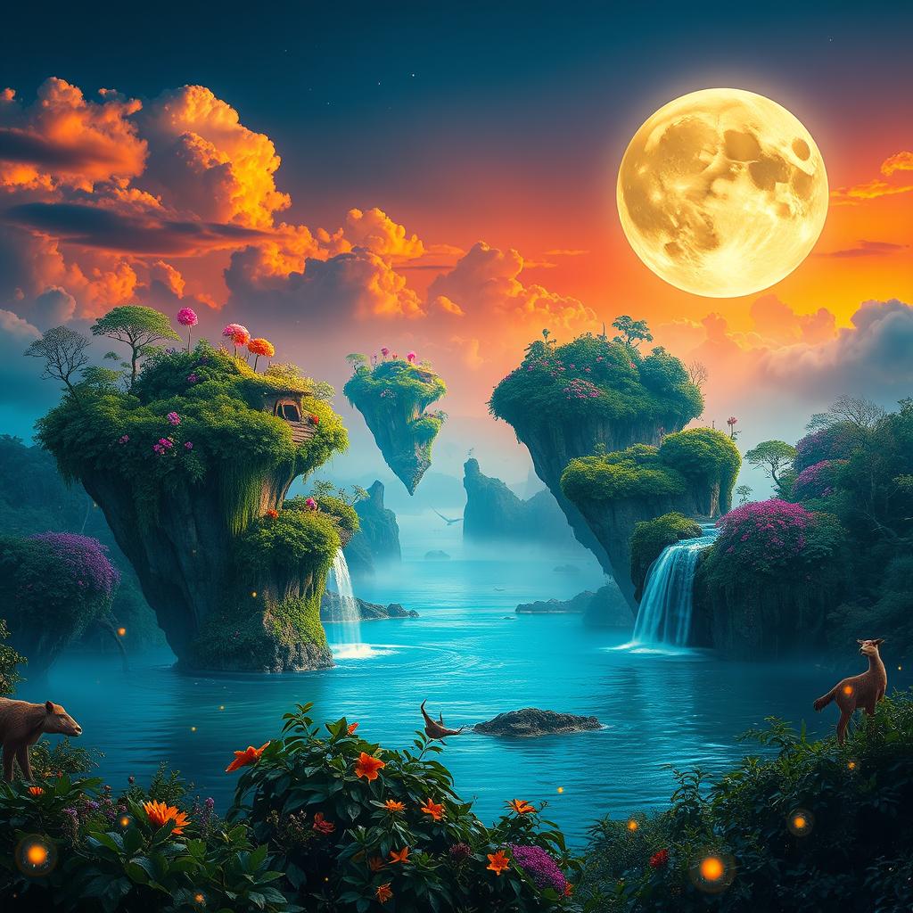 A surreal landscape at sunset featuring floating islands covered in lush greenery and vibrant flowers