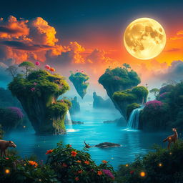 A surreal landscape at sunset featuring floating islands covered in lush greenery and vibrant flowers