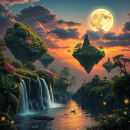 A surreal landscape at sunset featuring floating islands covered in lush greenery and vibrant flowers