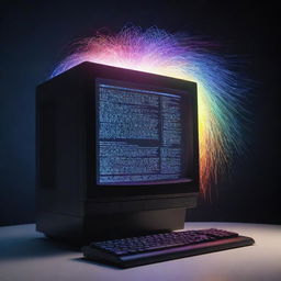 An AI illustrated as a classic desktop computer with light beams streaming out, converting flowing lines of descriptive text into vibrant, lifelike images.