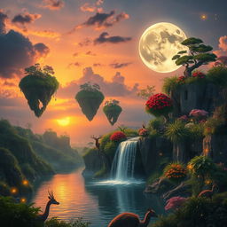 A surreal landscape at sunset featuring floating islands covered in lush greenery and vibrant flowers