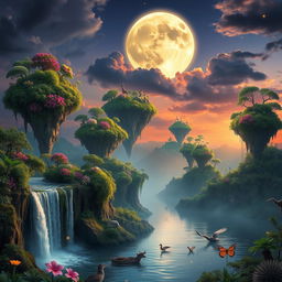 A surreal landscape at sunset featuring floating islands covered in lush greenery and vibrant flowers