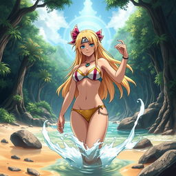 A mesmerizing scene where Tsunade from Naruto is absorbing bikini Nami from One Piece