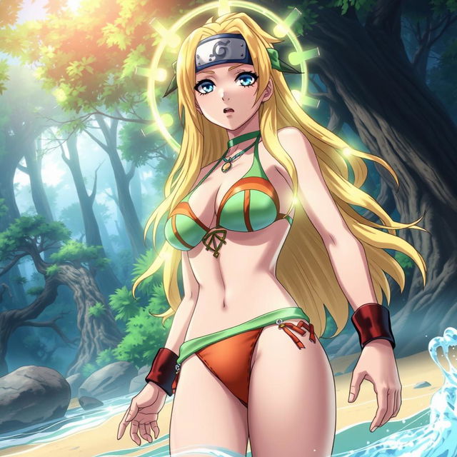 A mesmerizing scene where Tsunade from Naruto is absorbing bikini Nami from One Piece