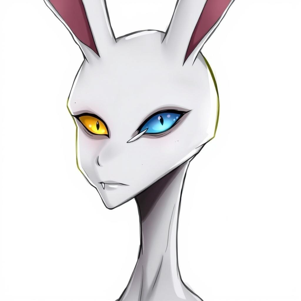 A slender male with long rabbit ears, featuring one blue eye and one yellow eye with a vertical slit pupil