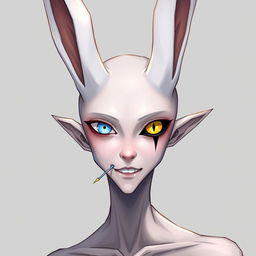 A slender male with long rabbit ears, featuring one blue eye and one yellow eye with a vertical slit pupil