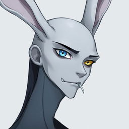 A slender male with long rabbit ears, featuring one blue eye and one yellow eye with a vertical slit pupil