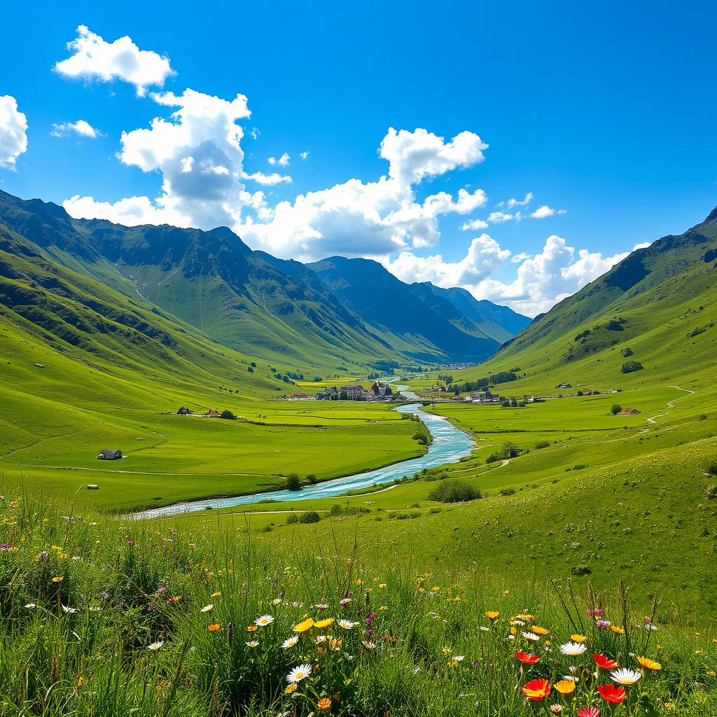 A scenic landscape of a lush, green valley surrounded by towering mountains under a bright blue sky with fluffy white clouds