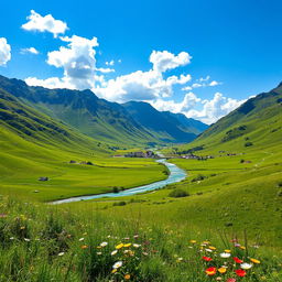 A scenic landscape of a lush, green valley surrounded by towering mountains under a bright blue sky with fluffy white clouds