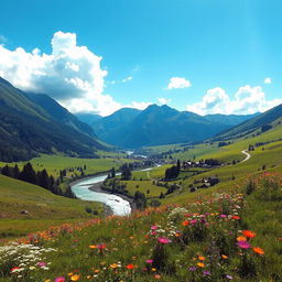 A scenic landscape of a lush, green valley surrounded by towering mountains under a bright blue sky with fluffy white clouds