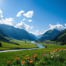 A scenic landscape of a lush, green valley surrounded by towering mountains under a bright blue sky with fluffy white clouds