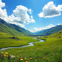 A scenic landscape of a lush, green valley surrounded by towering mountains under a bright blue sky with fluffy white clouds