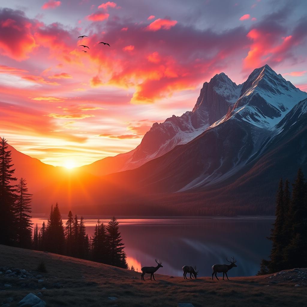 A spectacular mountain landscape at sunset, featuring a vibrant blend of pink, orange, and purple hues in the sky