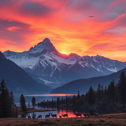 A spectacular mountain landscape at sunset, featuring a vibrant blend of pink, orange, and purple hues in the sky