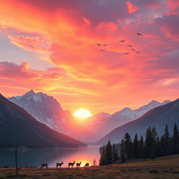 A spectacular mountain landscape at sunset, featuring a vibrant blend of pink, orange, and purple hues in the sky