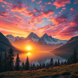 A spectacular mountain landscape at sunset, featuring a vibrant blend of pink, orange, and purple hues in the sky