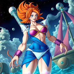 A captivating and surreal scene depicting Majin Android 21 having absorbed bikini-clad Nami from One Piece