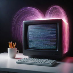 An AI illustrated as a classic desktop computer with light beams streaming out, converting flowing lines of descriptive text into vibrant, lifelike images.