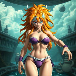 A captivating and surreal scene depicting Majin Android 21 having absorbed bikini-clad Nami from One Piece