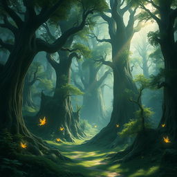 a mystical forest landscape with towering ancient trees, glowing magical creatures flitting among the foliage, and soft sunlight filtering through the canopy, creating dappled patterns on the forest floor