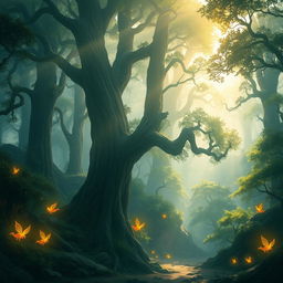 a mystical forest landscape with towering ancient trees, glowing magical creatures flitting among the foliage, and soft sunlight filtering through the canopy, creating dappled patterns on the forest floor