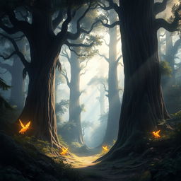 a mystical forest landscape with towering ancient trees, glowing magical creatures flitting among the foliage, and soft sunlight filtering through the canopy, creating dappled patterns on the forest floor