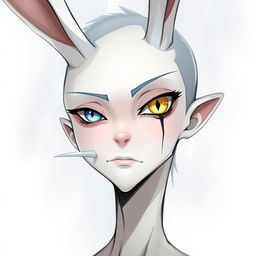 A slender male with long rabbit ears, featuring one blue eye and one yellow eye with a vertical slit pupil