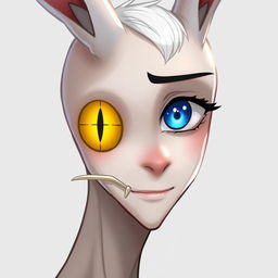 A slender male with long rabbit ears, featuring one blue eye and one yellow eye with a vertical slit pupil