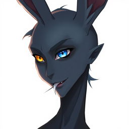 A slender male with long rabbit ears, featuring one blue eye and one yellow eye with a vertical slit pupil