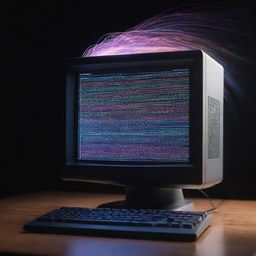 An AI illustrated as a classic desktop computer with light beams streaming out, converting flowing lines of descriptive text into vibrant, lifelike images.