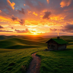 A majestic landscape featuring rolling hills under a vibrant sunrise, casting golden hues over the lush green fields