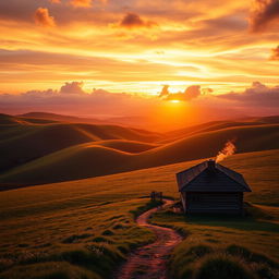 A majestic landscape featuring rolling hills under a vibrant sunrise, casting golden hues over the lush green fields