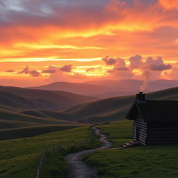 A majestic landscape featuring rolling hills under a vibrant sunrise, casting golden hues over the lush green fields