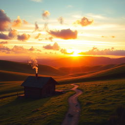 A majestic landscape featuring rolling hills under a vibrant sunrise, casting golden hues over the lush green fields