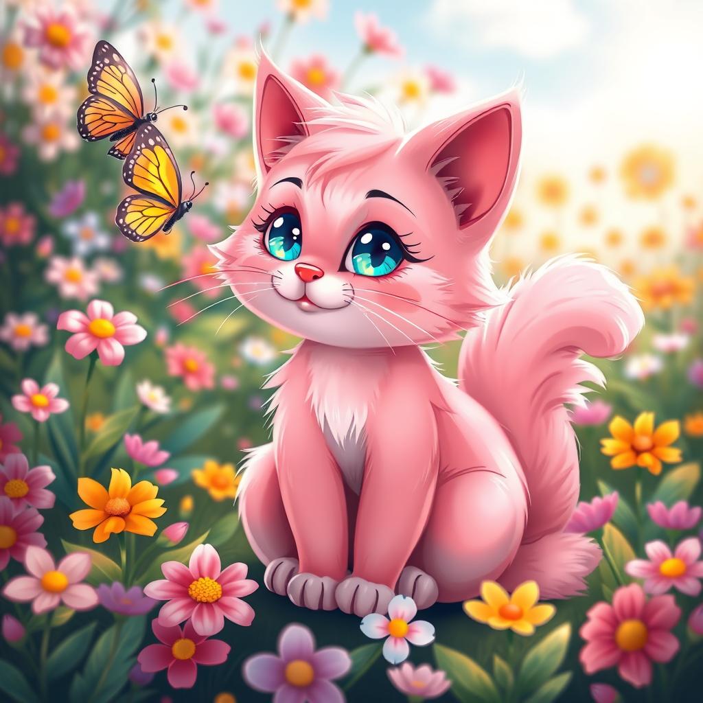 A whimsical and playful pink cat with a fluffy tail, sitting in a vibrant, flowering garden