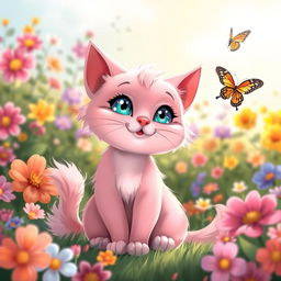 A whimsical and playful pink cat with a fluffy tail, sitting in a vibrant, flowering garden