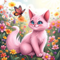 A whimsical and playful pink cat with a fluffy tail, sitting in a vibrant, flowering garden