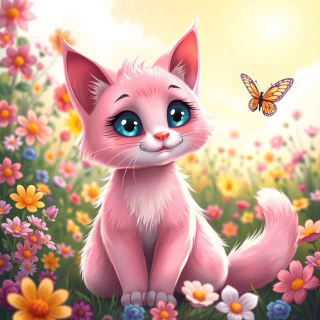 A whimsical and playful pink cat with a fluffy tail, sitting in a vibrant, flowering garden