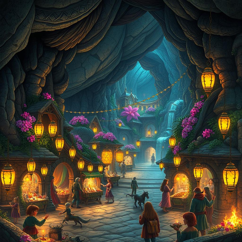 An underground ancient city, bustling with mythical creatures and vibrant colors