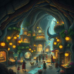 An underground ancient city, bustling with mythical creatures and vibrant colors